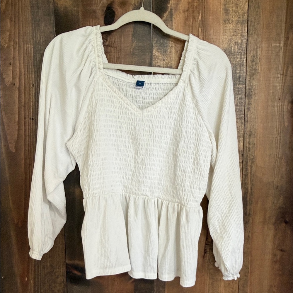 Old Navy White Smocked Peplum Long Sleeve Blouse